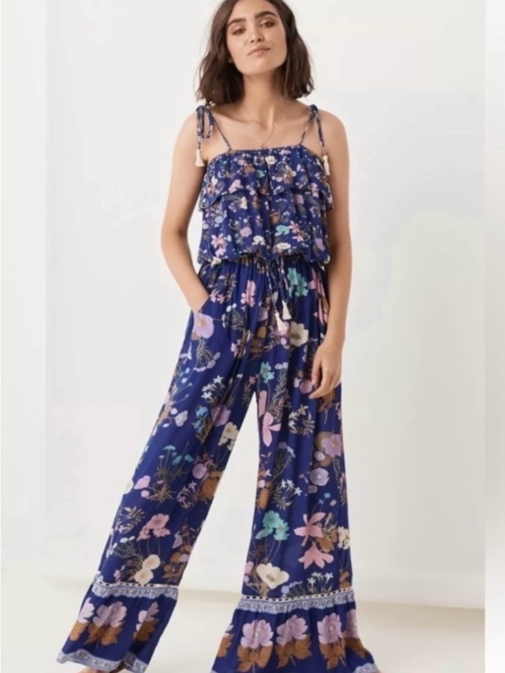 EUC Spell Wild Bloom Strappy Pantsuit Navy Floral Jumpsuit XL